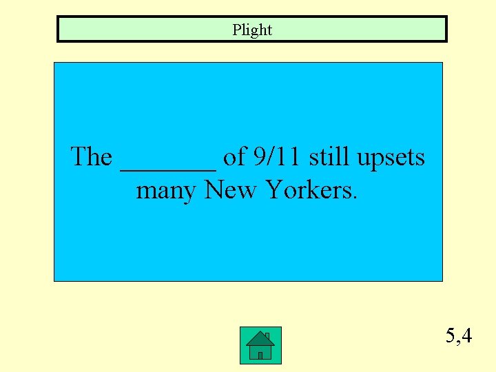 Plight The _______ of 9/11 still upsets many New Yorkers. 5, 4 