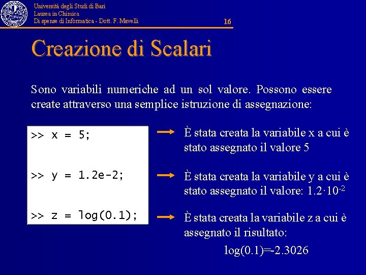 Università degli Studi di Bari Laurea in Chimica Di spense di Informatica - Dott.