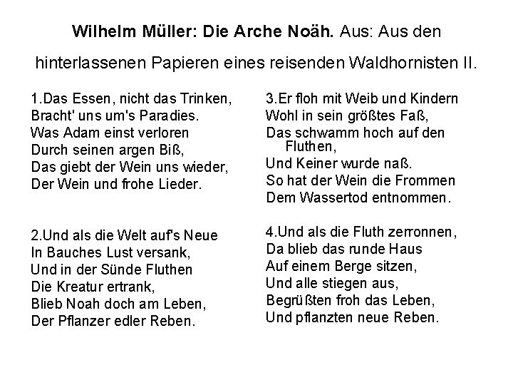 Wilhelm Müller: Die Arche Noäh. Aus: Aus den hinterlassenen Papieren eines reisenden Waldhornisten II.