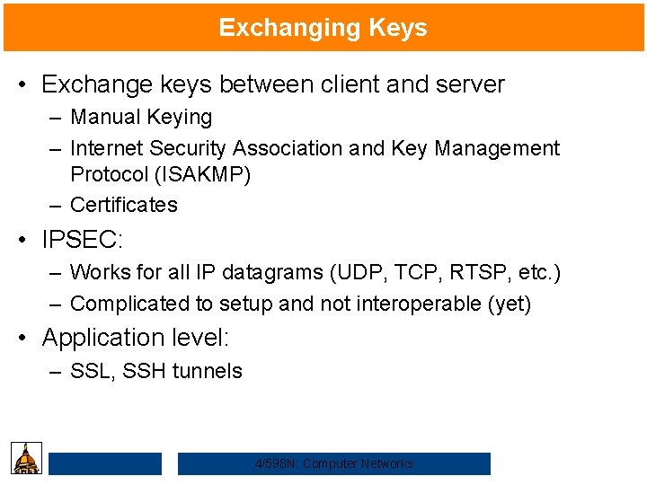 Exchanging Keys • Exchange keys between client and server – Manual Keying – Internet