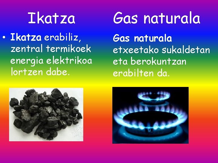 Ikatza • Ikatza erabiliz, zentral termikoek energia elektrikoa lortzen dabe. Gas naturala etxeetako sukaldetan