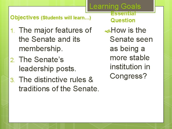 Learning Goals Objectives (Students will learn…) 1. 2. 3. The major features of the