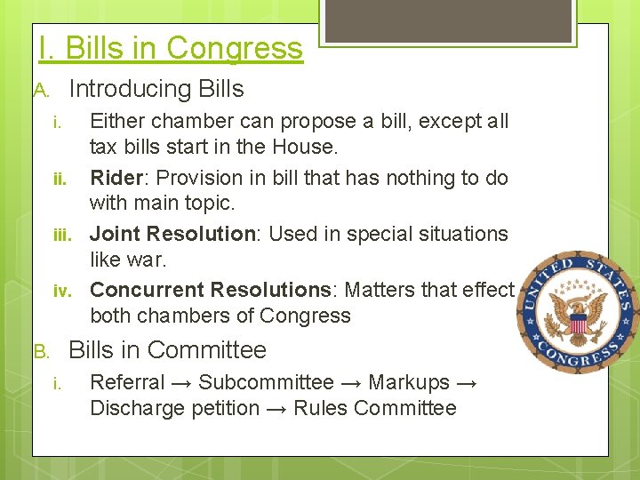 I. Bills in Congress Introducing Bills A. i. ii. iii. iv. Either chamber can