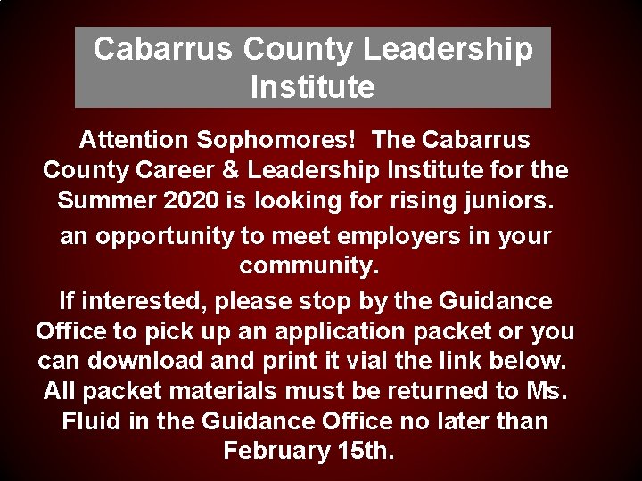 Cabarrus County Leadership Institute Attention Sophomores! The Cabarrus County Career & Leadership Institute for