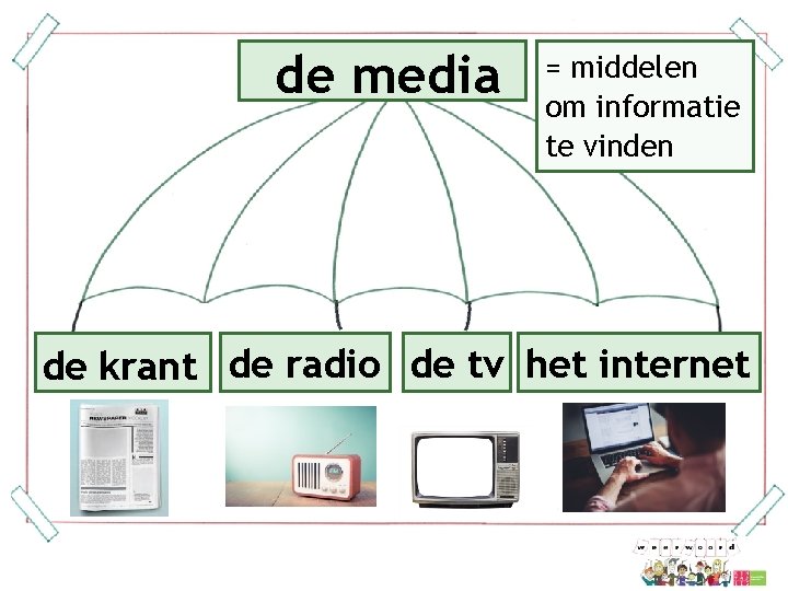 de media = middelen om informatie te vinden de krant de radio de tv