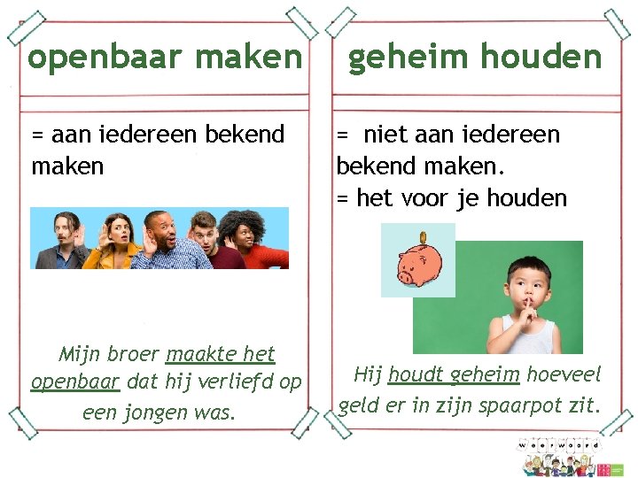 openbaar maken = aan iedereen bekend maken Mijn broer maakte het openbaar dat hij