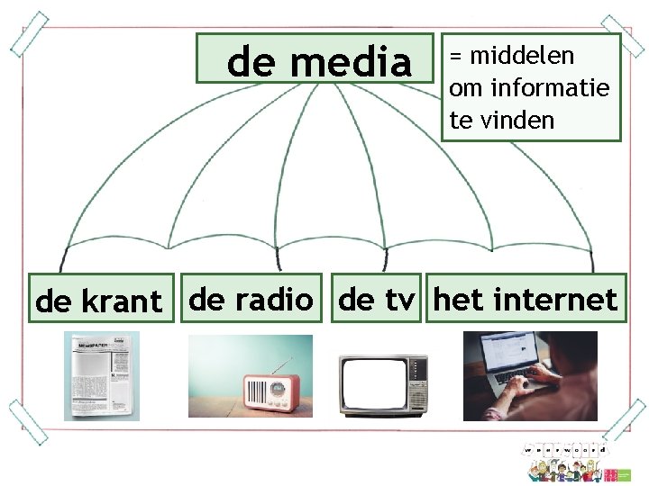 de media = middelen om informatie te vinden de krant de radio de tv