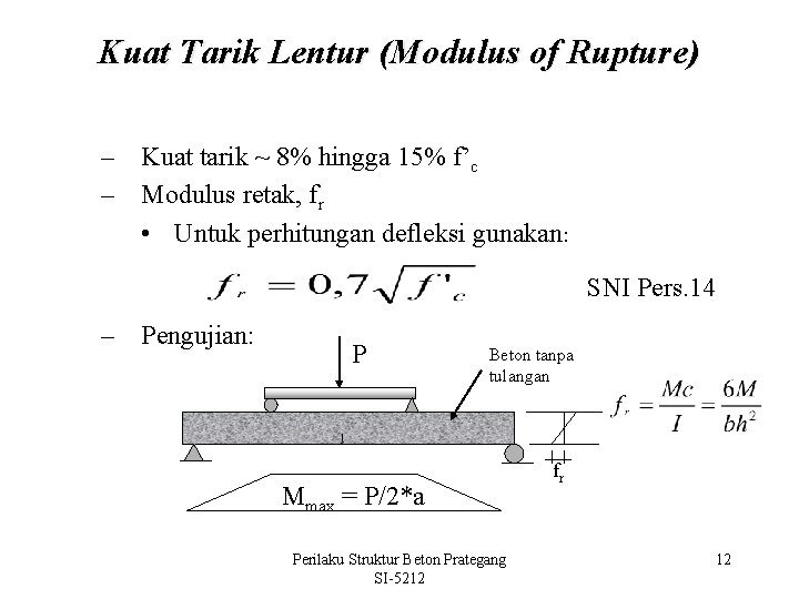 Kuat Tarik Lentur (Modulus of Rupture) – Kuat tarik ~ 8% hingga 15% f’c