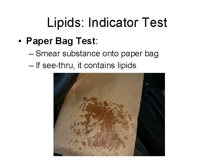 Lipids: Indicator Test • Paper Bag Test: – Smear substance onto paper bag –