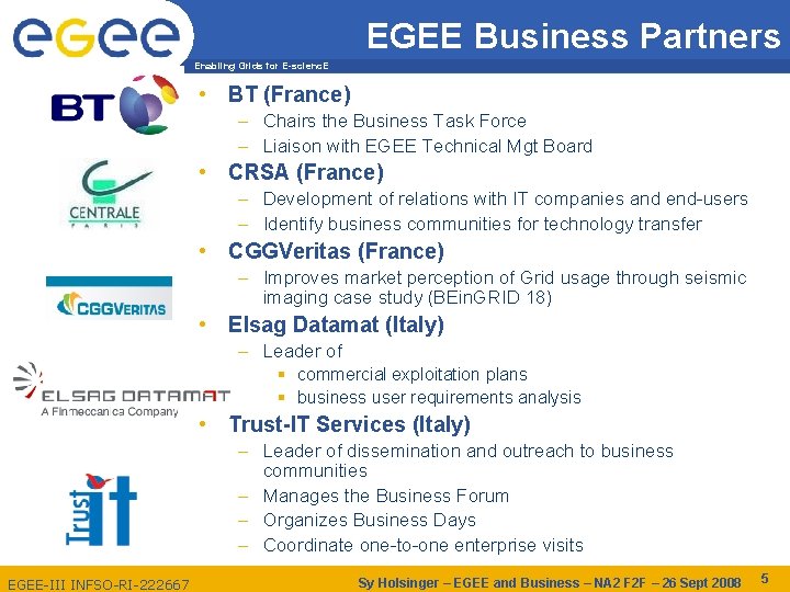 EGEE Business Partners Enabling Grids for E-scienc. E • BT (France) – Chairs the