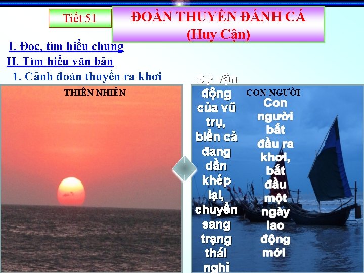 Tiết 51 ĐOÀN THUYỀN ĐÁNH CÁ (Huy Cận) I. Đọc, tìm hiểu chung II.