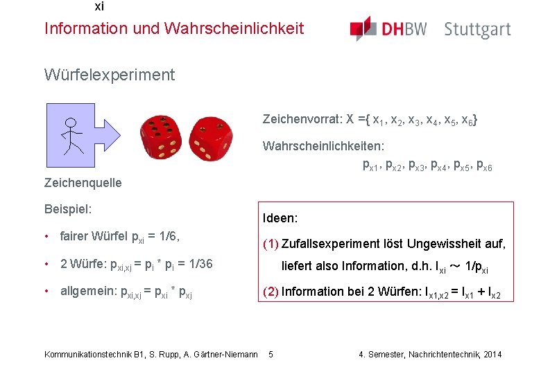 xi Information und Wahrscheinlichkeit Würfelexperiment Zeichenvorrat: X ={ x 1, x 2, x 3,