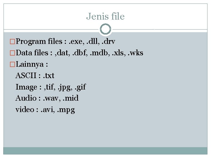 Jenis file �Program files : . exe, . dll, . drv �Data files :