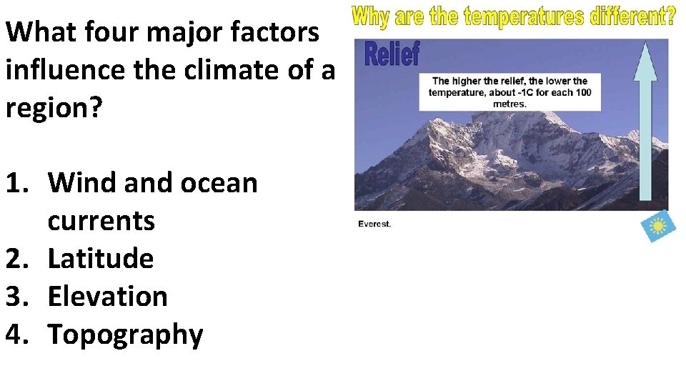 What four major factors influence the climate of a region? 1. Wind and ocean