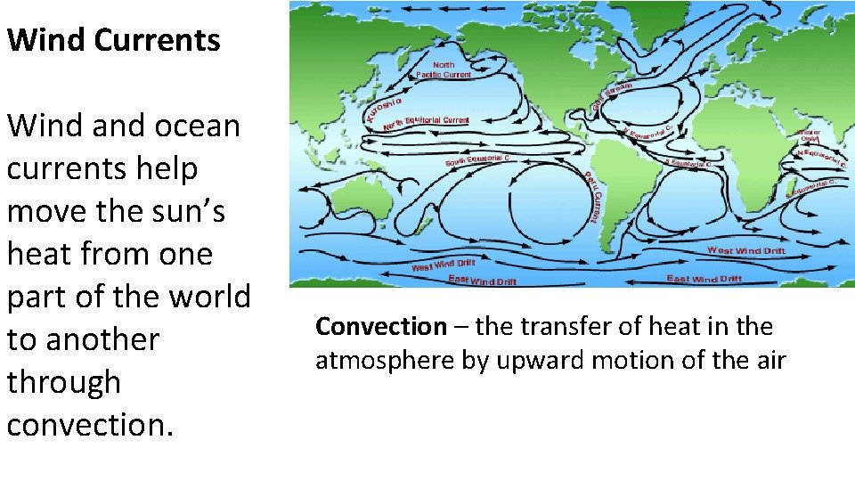 Wind Currents Wind and ocean currents help move the sun’s heat from one part