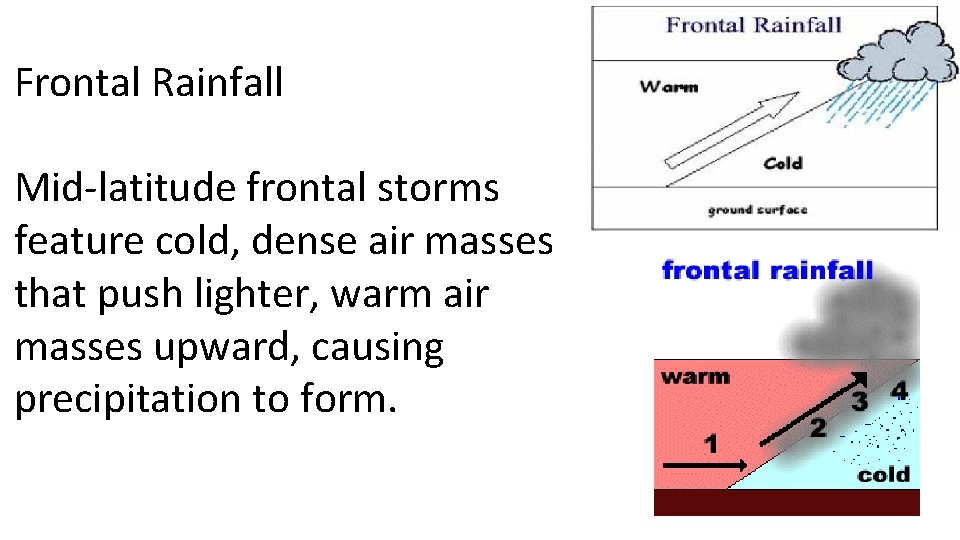 Frontal Rainfall Mid-latitude frontal storms feature cold, dense air masses that push lighter, warm