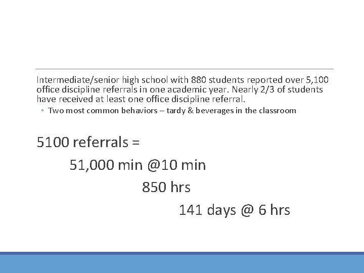 Intermediate/senior high school with 880 students reported over 5, 100 office discipline referrals in