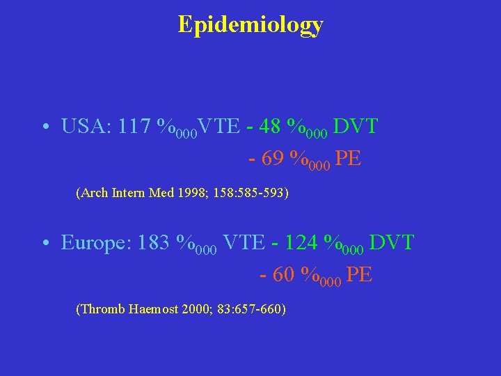 Epidemiology • USA: 117 %000 VTE - 48 %000 DVT - 69 %000 PE