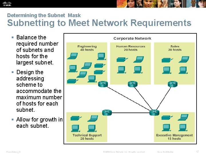Determining the Subnet Mask Subnetting to Meet Network Requirements § Balance the required number