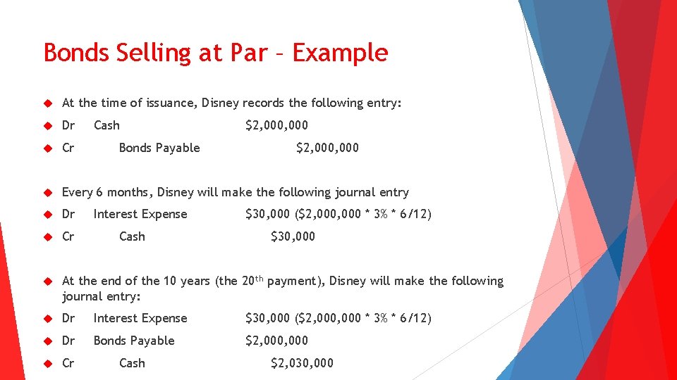 Bonds Selling at Par – Example At the time of issuance, Disney records the