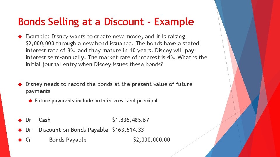 Bonds Selling at a Discount - Example: Disney wants to create new movie, and