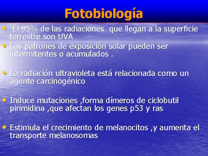 Fotobiología • El 95% de las radiaciones que llegan a la superficie • terrestre
