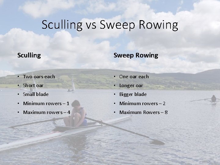 Sculling vs Sweep Rowing Sculling Sweep Rowing • Two oars each • One oar