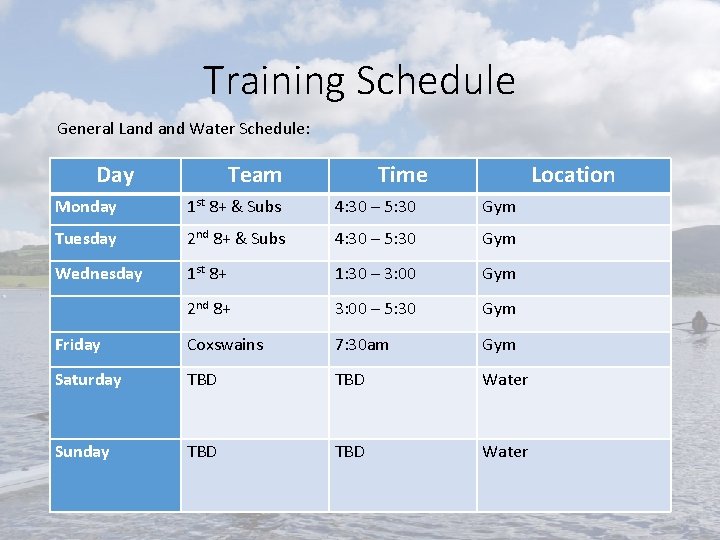 Training Schedule General Land Water Schedule: Day Team Time Location Monday 1 st 8+