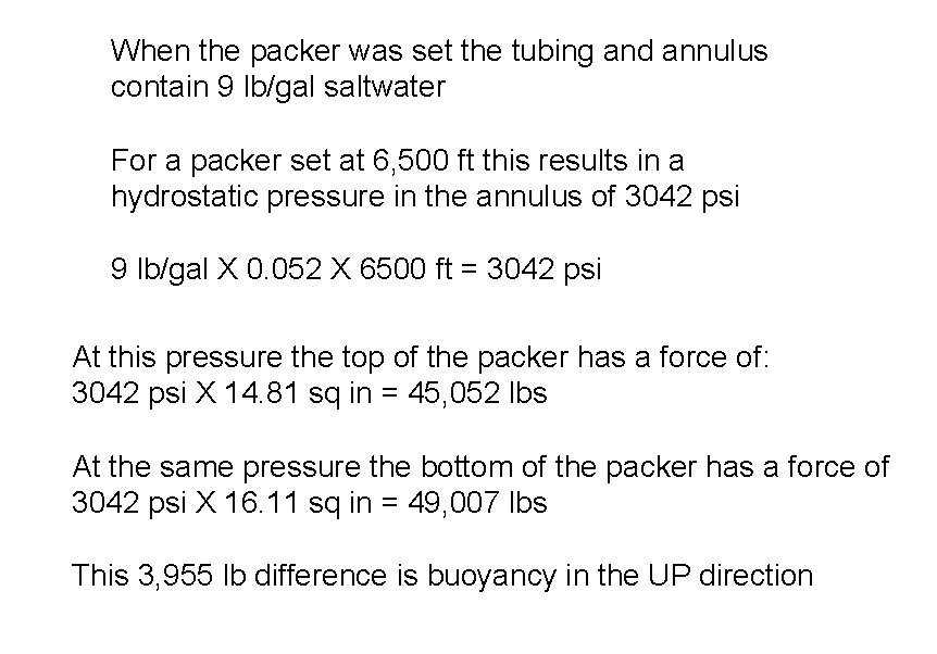 When the packer was set the tubing and annulus contain 9 lb/gal saltwater For