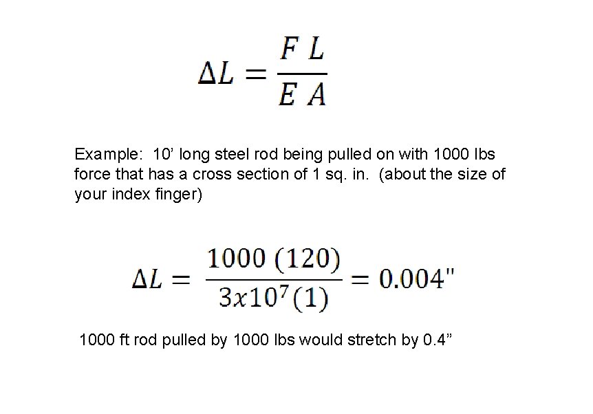 Example: 10’ long steel rod being pulled on with 1000 lbs force that has