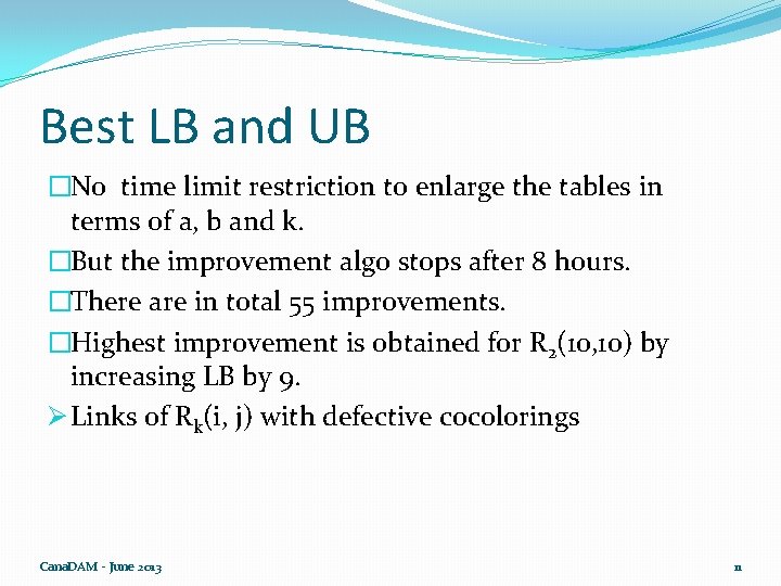 Best LB and UB �No time limit restriction to enlarge the tables in terms