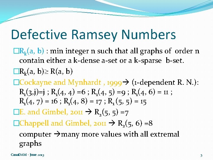 Defective Ramsey Numbers �Rk(a, b) : min integer n such that all graphs of