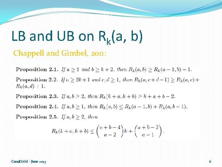 LB and UB on Rk(a, b) Chappell and Gimbel, 2011: Cana. DAM - June