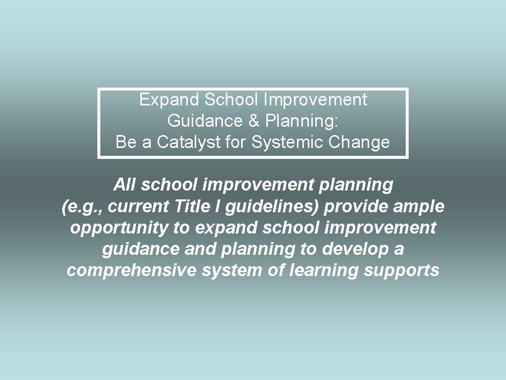Expand School Improvement Guidance & Planning: Be a Catalyst for Systemic Change All school