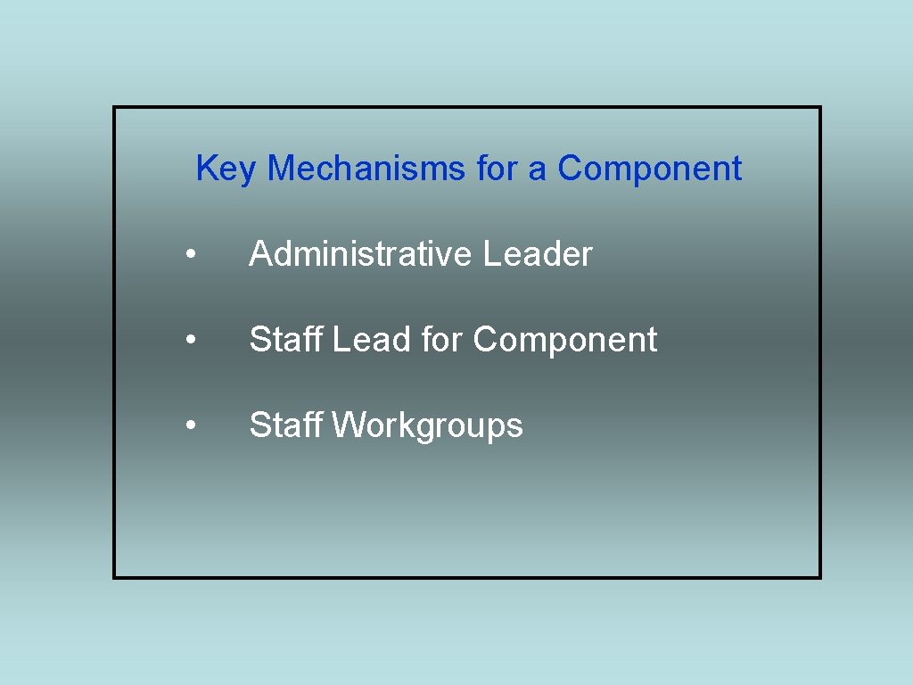Key Mechanisms for a Component • Administrative Leader • Staff Lead for Component •