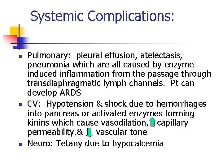 Systemic Complications: n n n Pulmonary: pleural effusion, atelectasis, pneumonia which are all caused