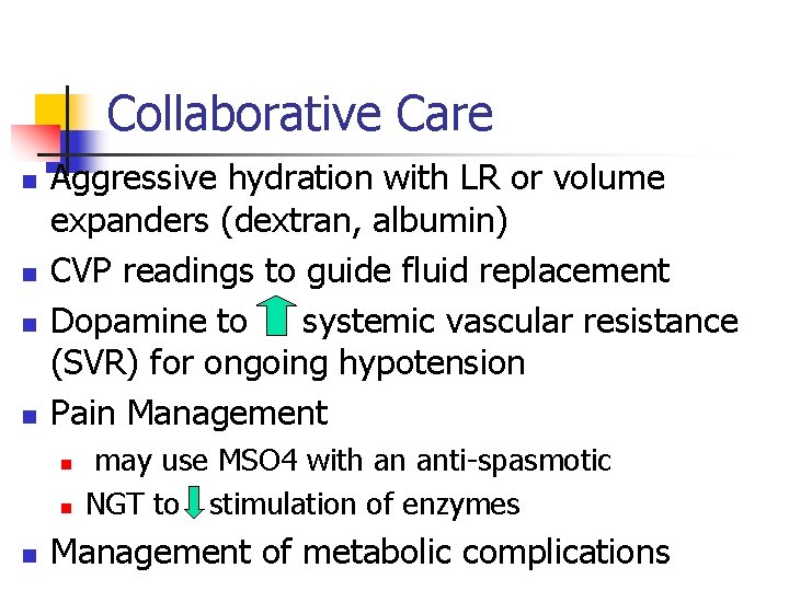 Collaborative Care n n Aggressive hydration with LR or volume expanders (dextran, albumin) CVP