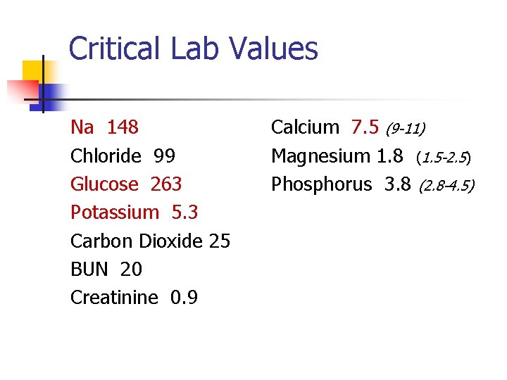 Critical Lab Values Na 148 Chloride 99 Glucose 263 Potassium 5. 3 Carbon Dioxide