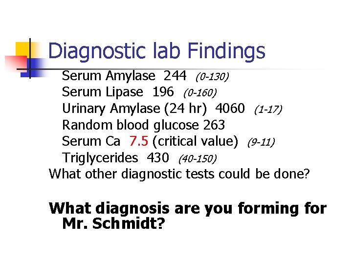 Diagnostic lab Findings Serum Amylase 244 (0 -130) Serum Lipase 196 (0 -160) Urinary