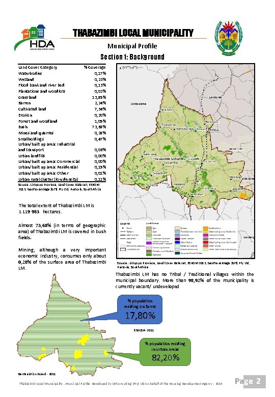 THABAZIMBI LOCAL MUNICIPALITY Municipal Profile Section 1: Background Land Cover Category % Coverage Waterbodies