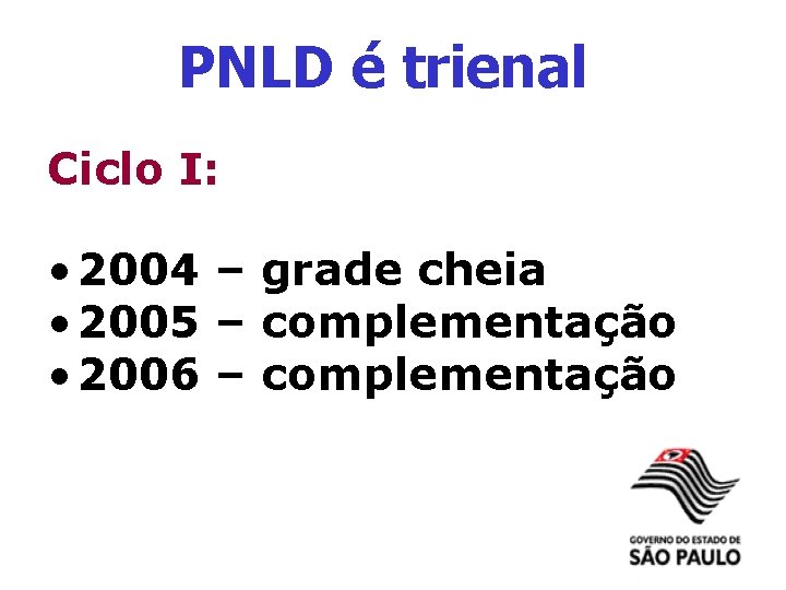 PNLD é trienal Ciclo I: • 2004 – grade cheia • 2005 – complementação