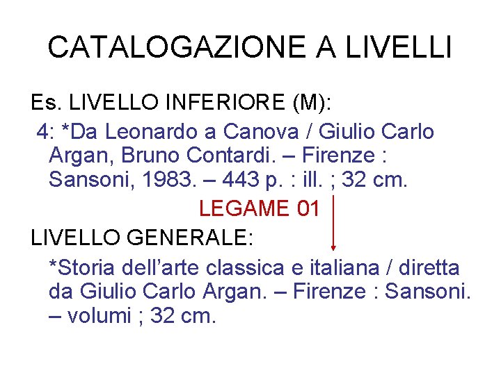 CATALOGAZIONE A LIVELLI Es. LIVELLO INFERIORE (M): 4: *Da Leonardo a Canova / Giulio