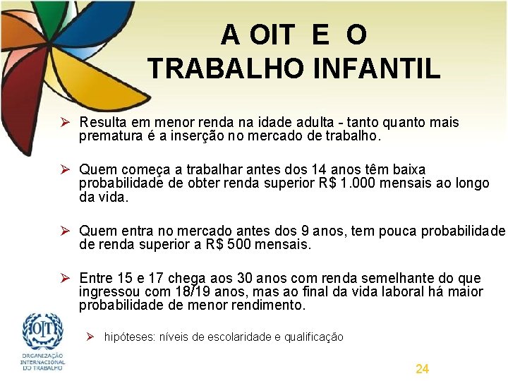 A OIT E O TRABALHO INFANTIL Ø Resulta em menor renda na idade adulta