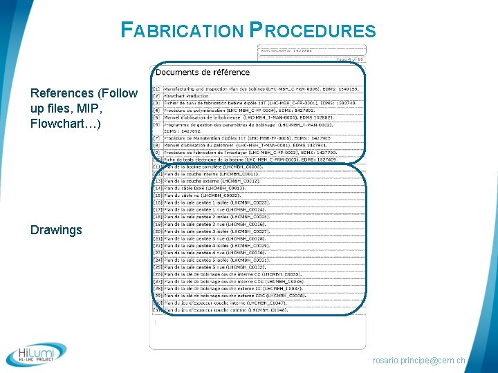 FABRICATION PROCEDURES References (Follow up files, MIP, Flowchart…) Drawings rosario. principe@cern. ch 