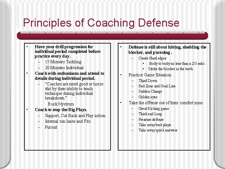 Principles of Coaching Defense • • • Have your drill progression for individual period