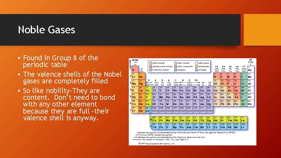 Noble Gases • Found in Group 8 of the periodic table • The valence