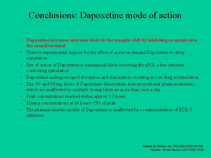 Conclusions: Dapoxetine mode of action – Dapoxetine increases serotonin levels in the synaptic cleft