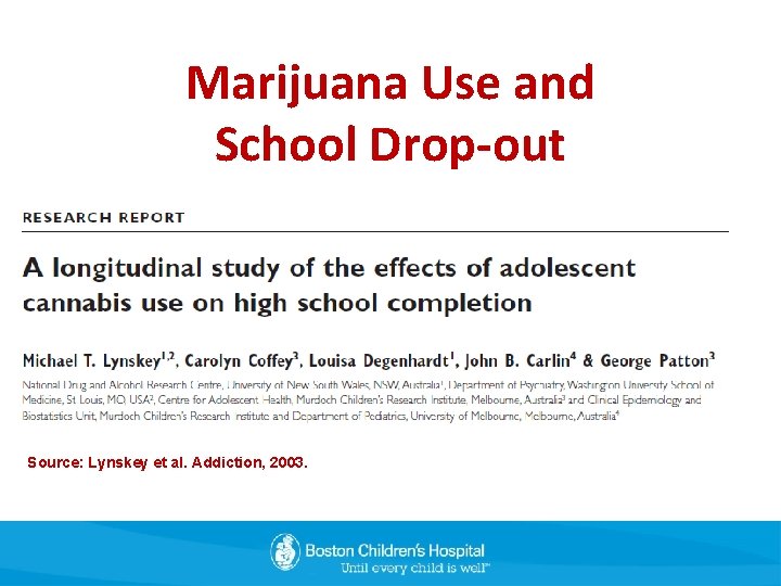 Marijuana Use and School Drop-out Source: Lynskey et al. Addiction, 2003. 