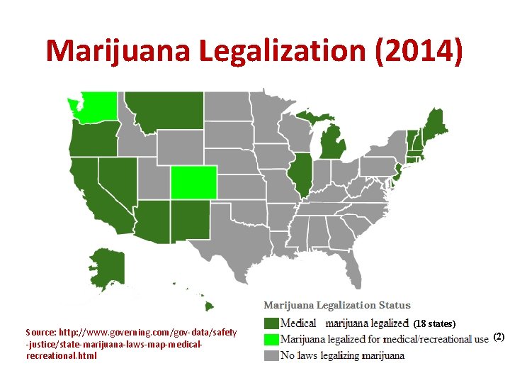 Marijuana Legalization (2014) Source: http: //www. governing. com/gov-data/safety -justice/state-marijuana-laws-map-medicalrecreational. html (18 states) (2) 