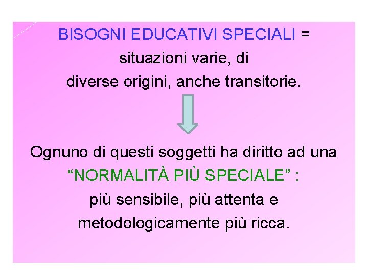 BISOGNI EDUCATIVI SPECIALI = situazioni varie, di diverse origini, anche transitorie. Ognuno di questi